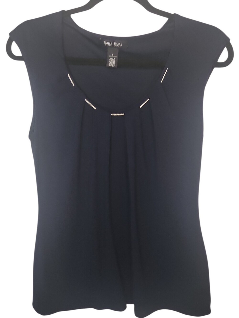 WHBM Dark Navy Sleeveless Silver-Toned Metal Neckline Pleated Front Top Size S